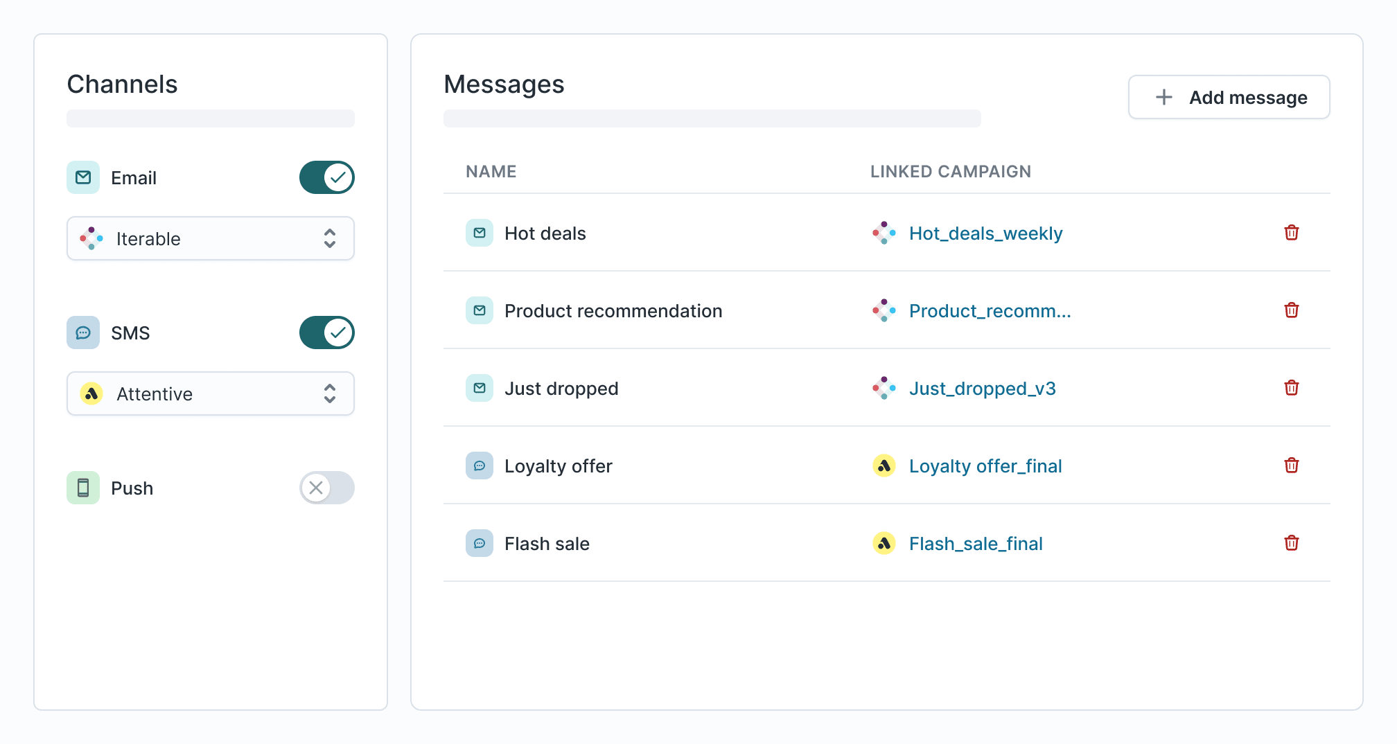 An illustrated of UI displaying selectable channels like emails, SMS, and push notifications with corresponding messages linked to different campaigns.