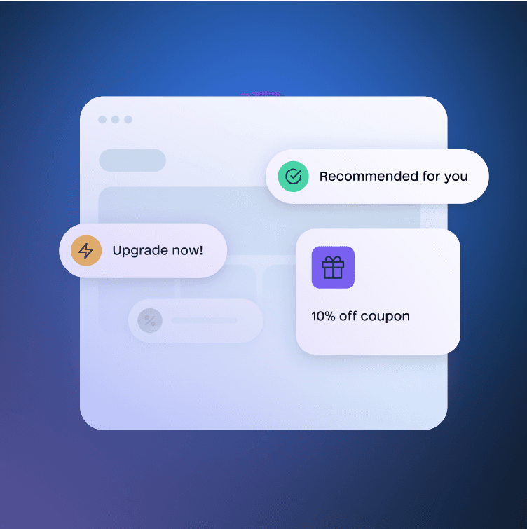 A digital illustration of an abstract, glowing blue-and-purple user interface window displaying several notification-like cards. The cards read 'Upgrade now!', 'Recommended for you' with a green checkmark, and '10% off coupon' with a gift icon.