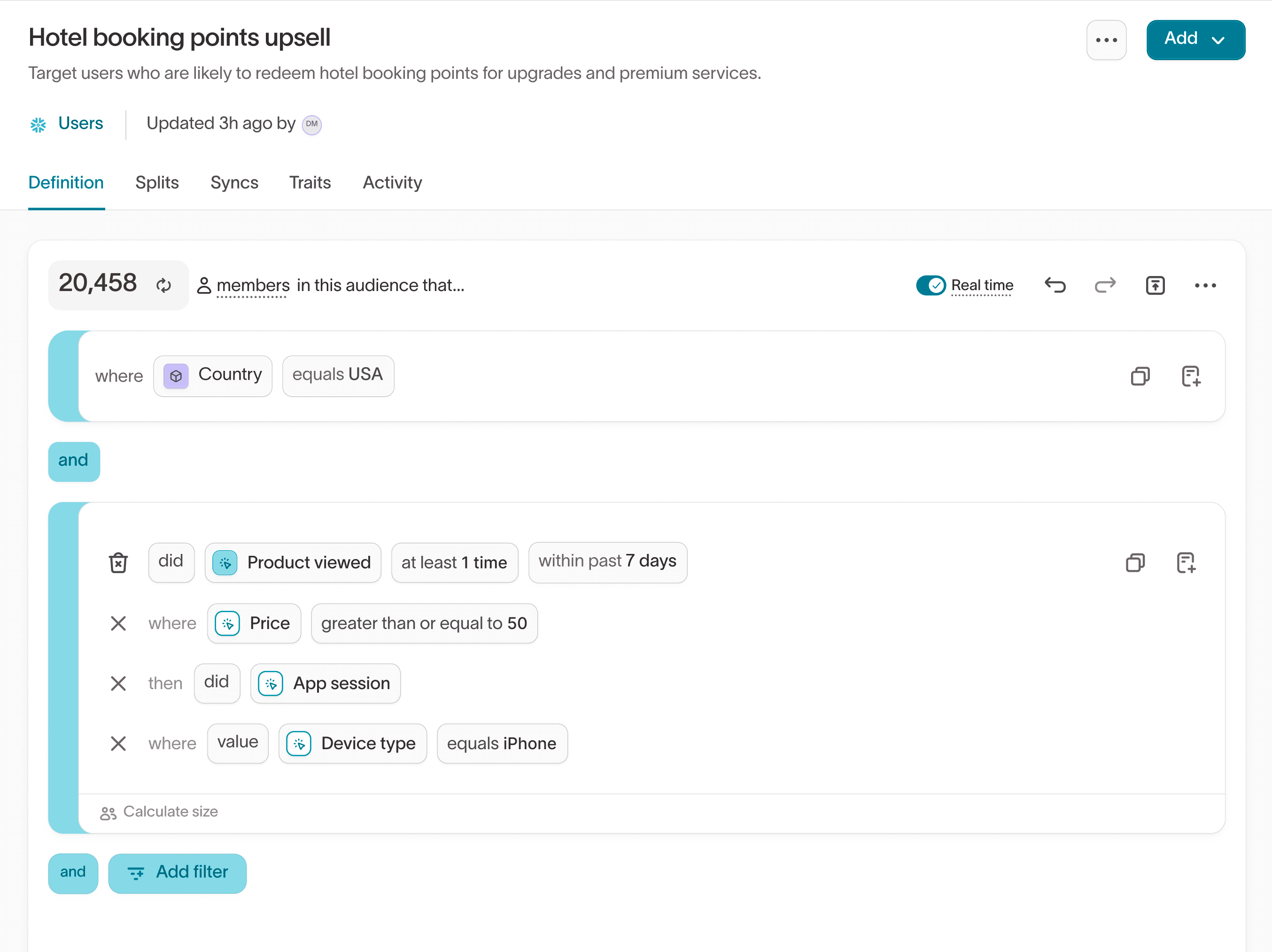 UI screenshot of an audience named 'Hotel booking points upsell' with the realtime toggle enabled. The audience filter shows 'Performed Flight search at least 1 time within 15 minutes ago.', and 'Booked a flight at least 1 time within 36 months ago where status equals completed.'