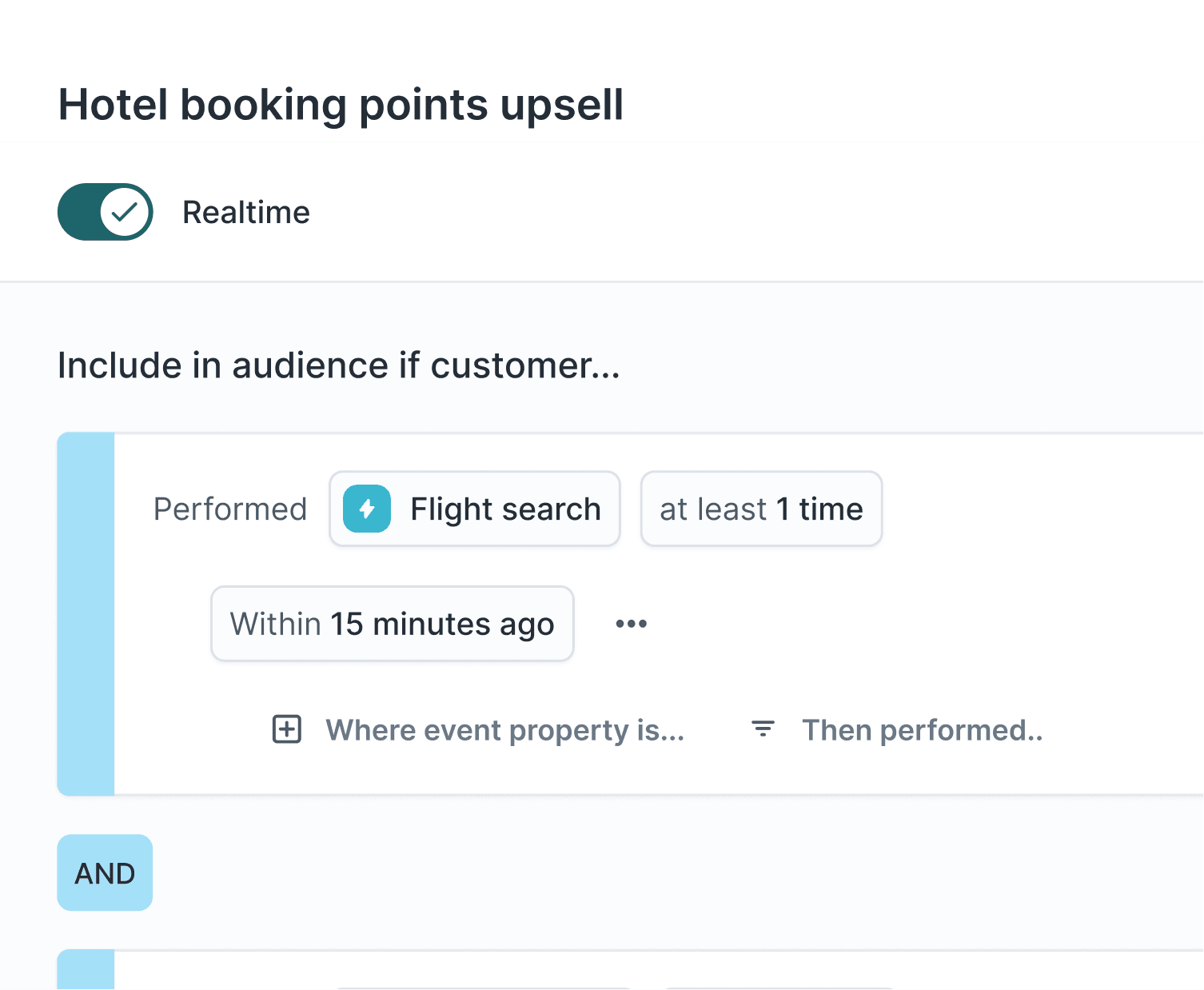 UI screenshot of an audience named 'Hotel booking points upsell' with the realtime toggle enabled. The audience filter shows 'Performed Flight search at least 1 time within 15 minutes ago.'