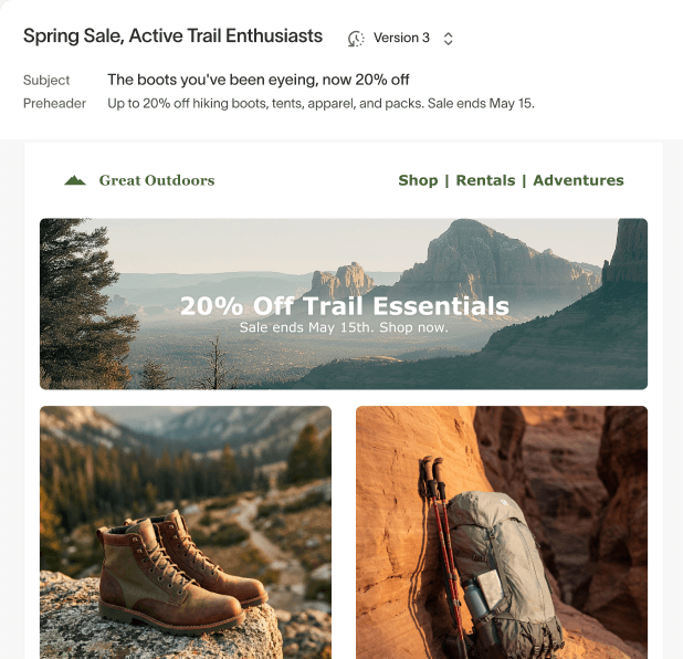 Hightouch UI showing a 'Spring Sale, Active Trail Enthusiasts' email (Version 3) with a '20% Off Trail Essentials' Great Outdoors creative, alongside agent recommendations and a 'Highest-AOV buyers open late' chart.