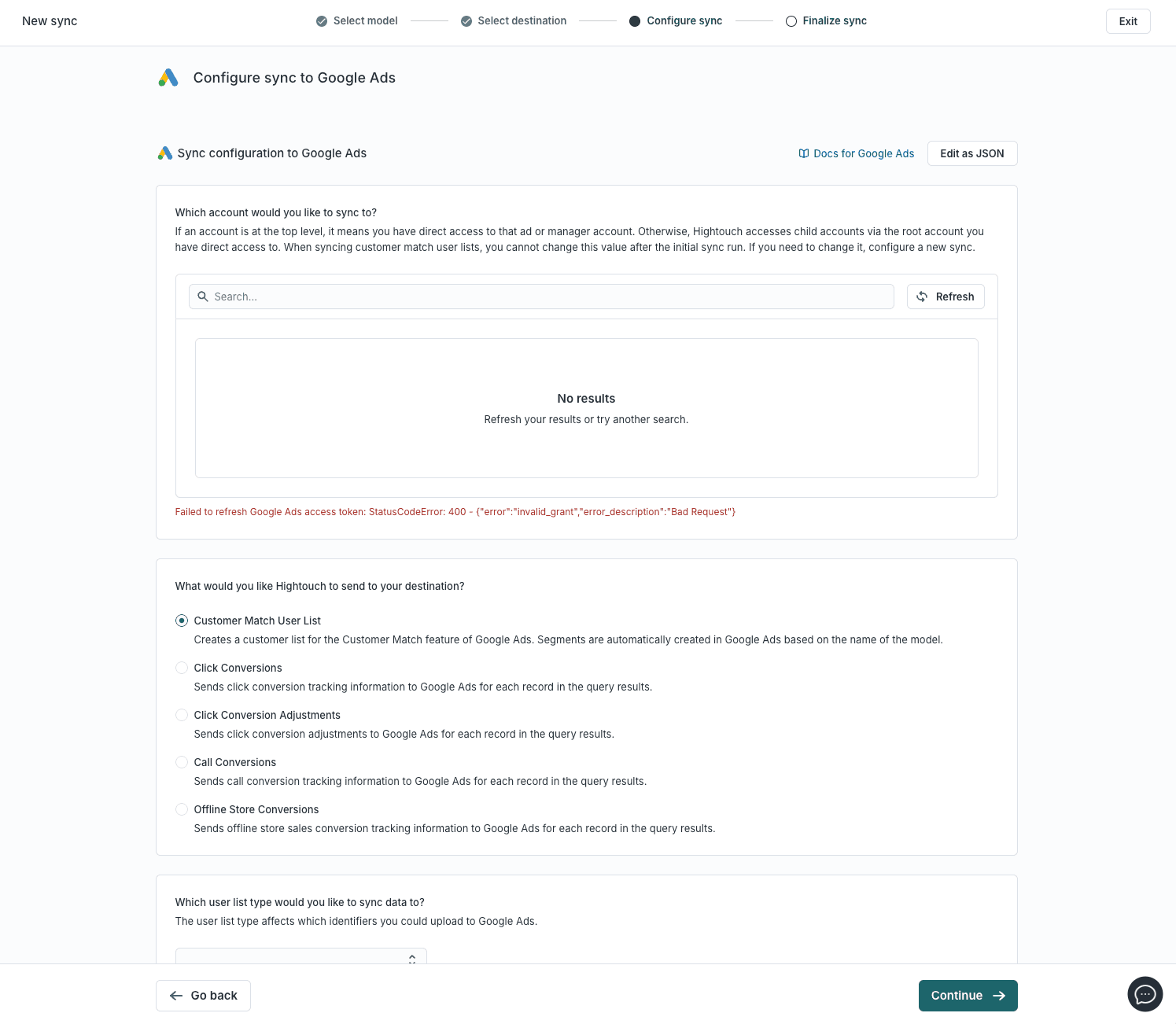 The Google ads setting for setting up the conversion api in Hightouch