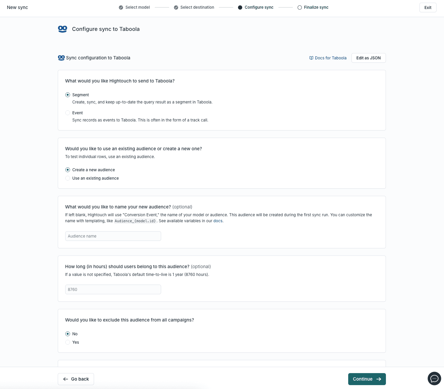 The sync setting within Hightouch for Taboola