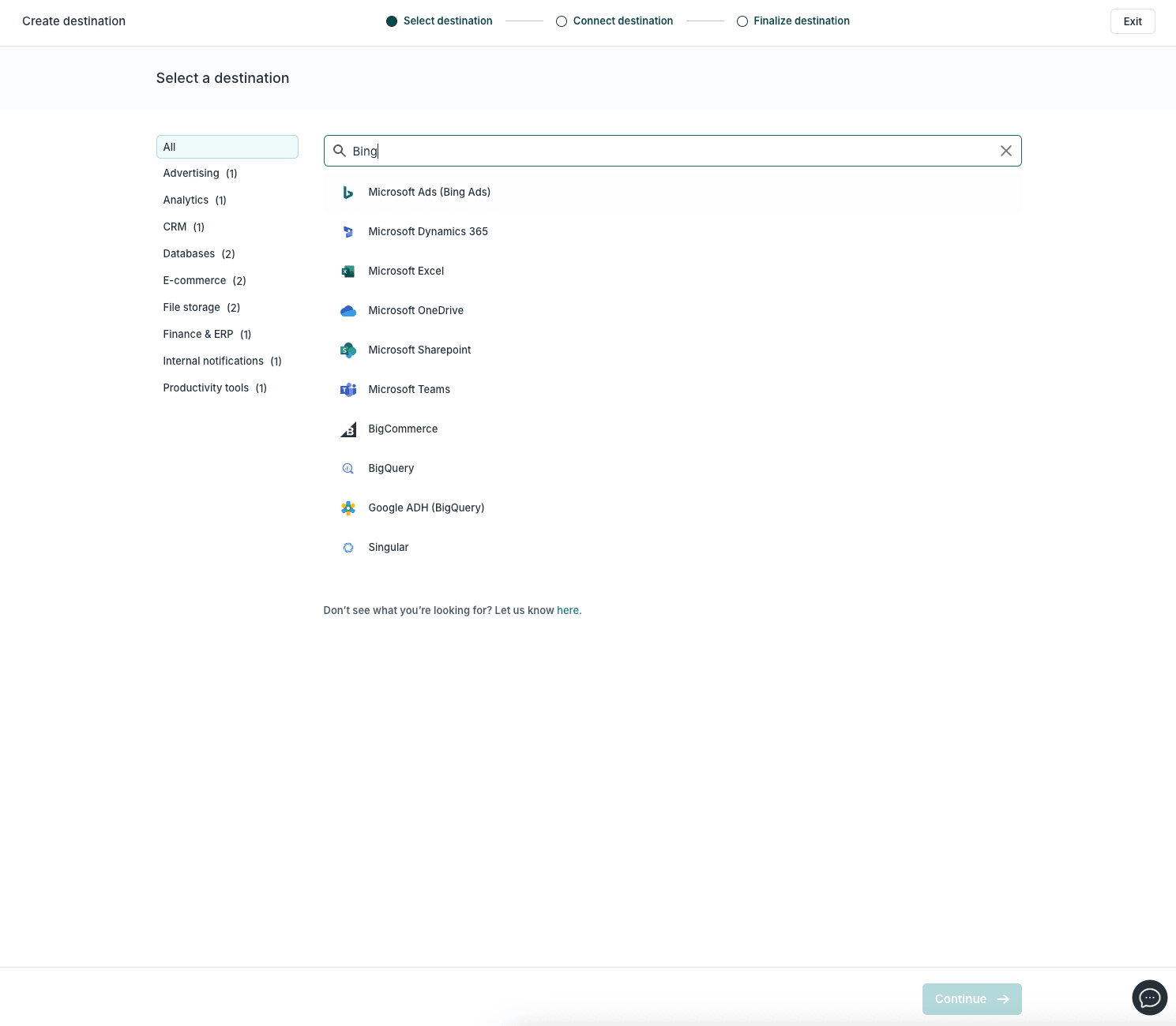 The destination chooseing for Bing in Hightouch