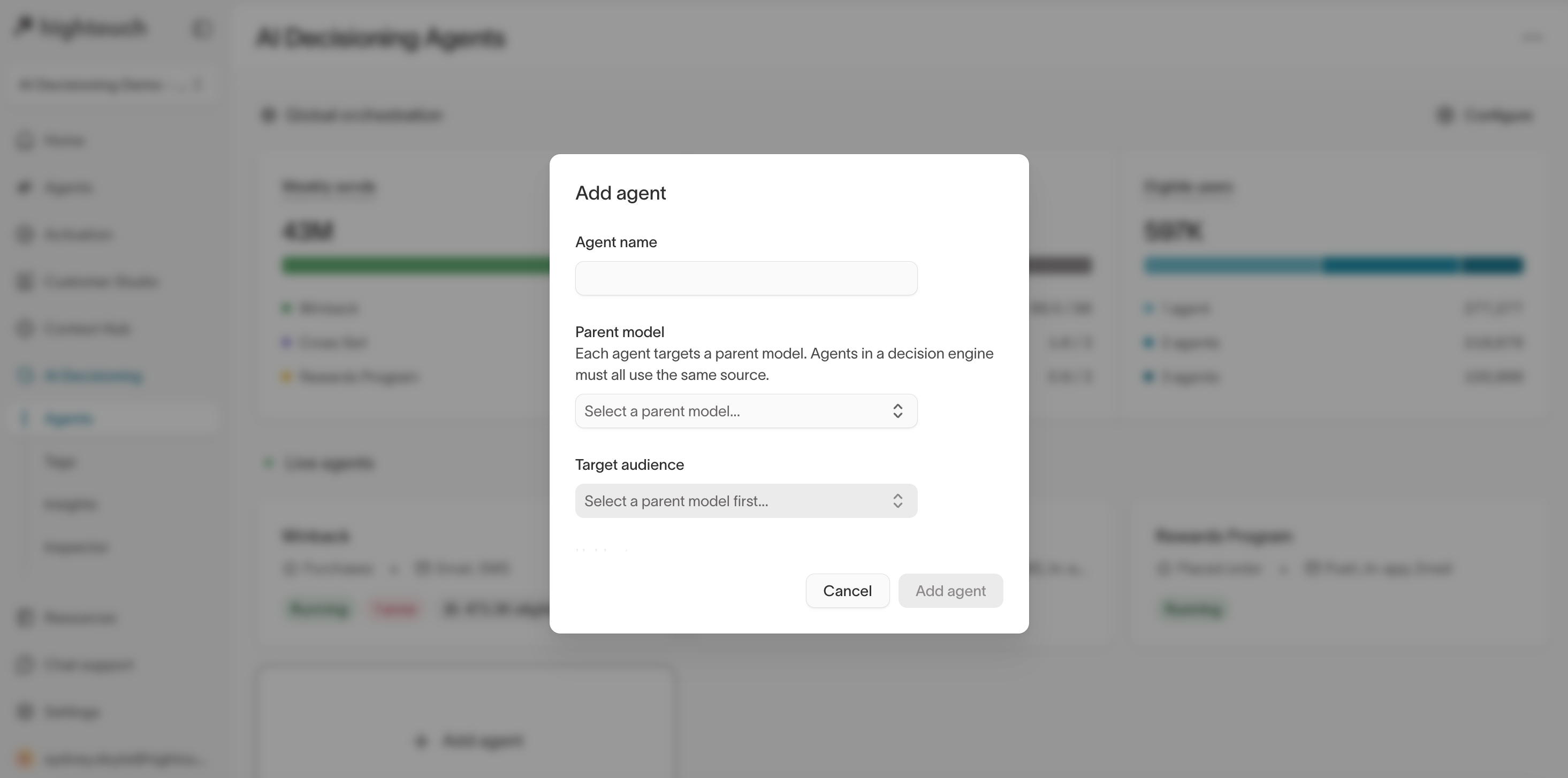Add a new agent window showing parent model and audience selection