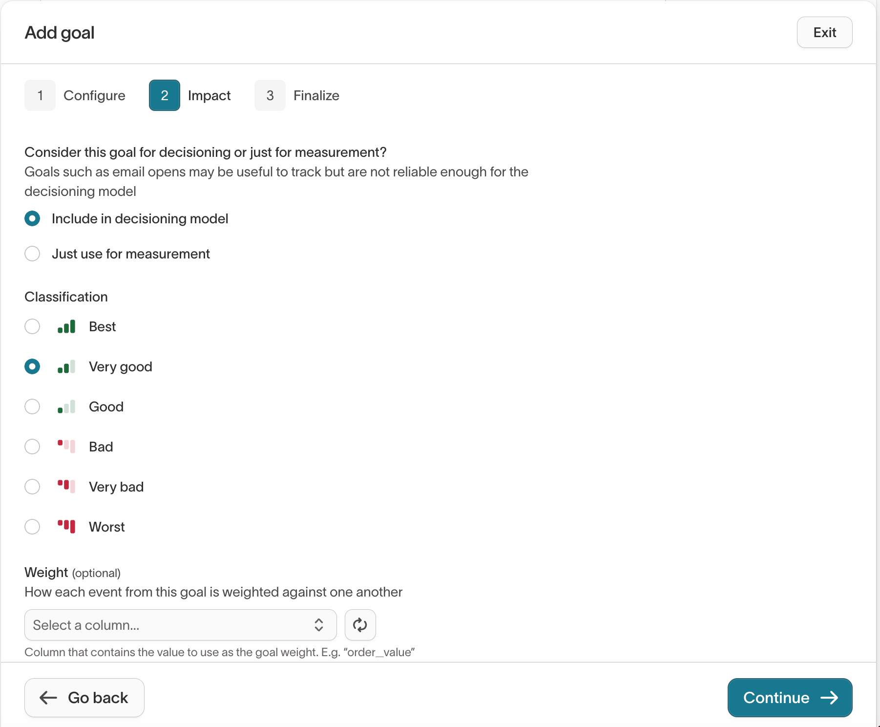 Add goal step 2 – Classify impact and weighting
