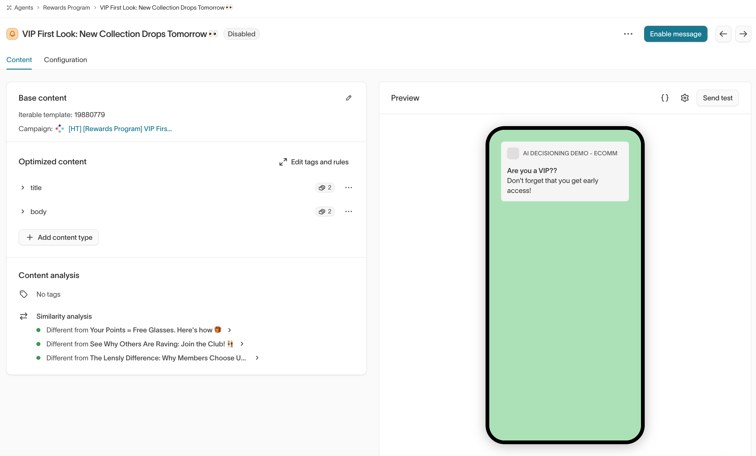 Content analysis inside a message
