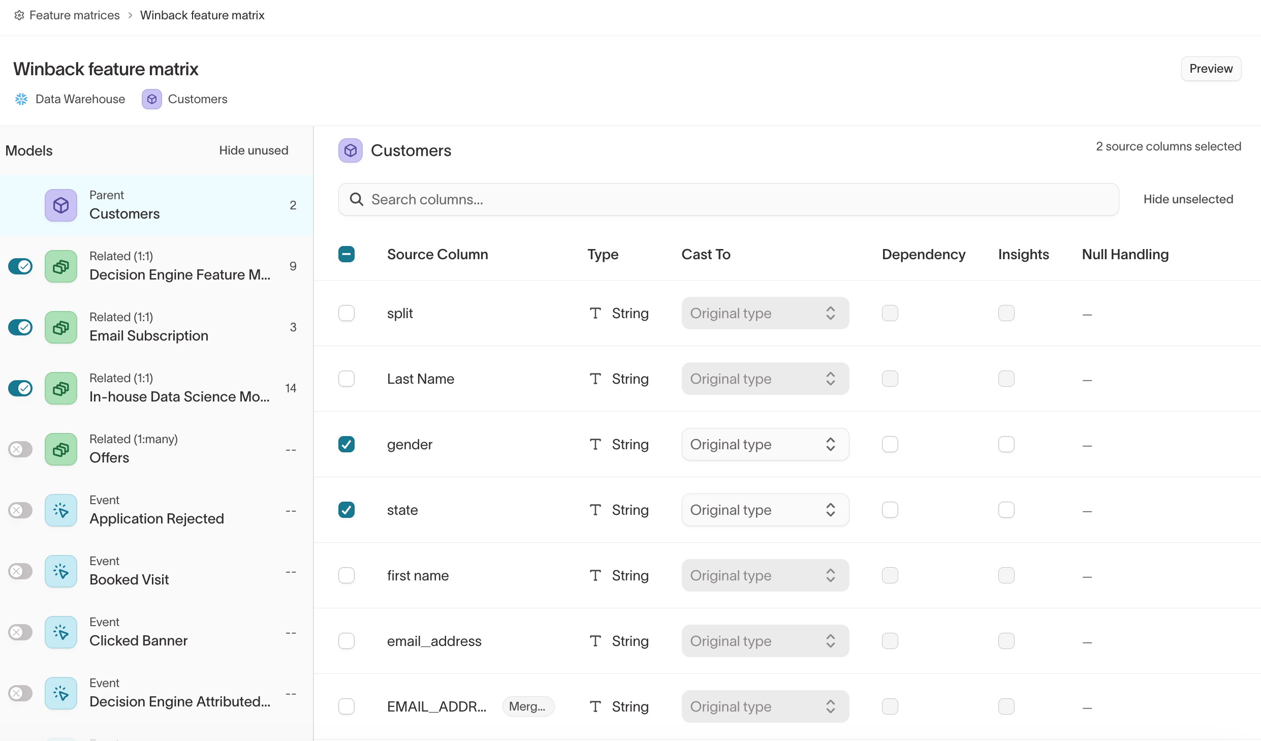 Feature Matrix Builder showing source columns from the data warehouse with type, cast, dependency, and insights settings