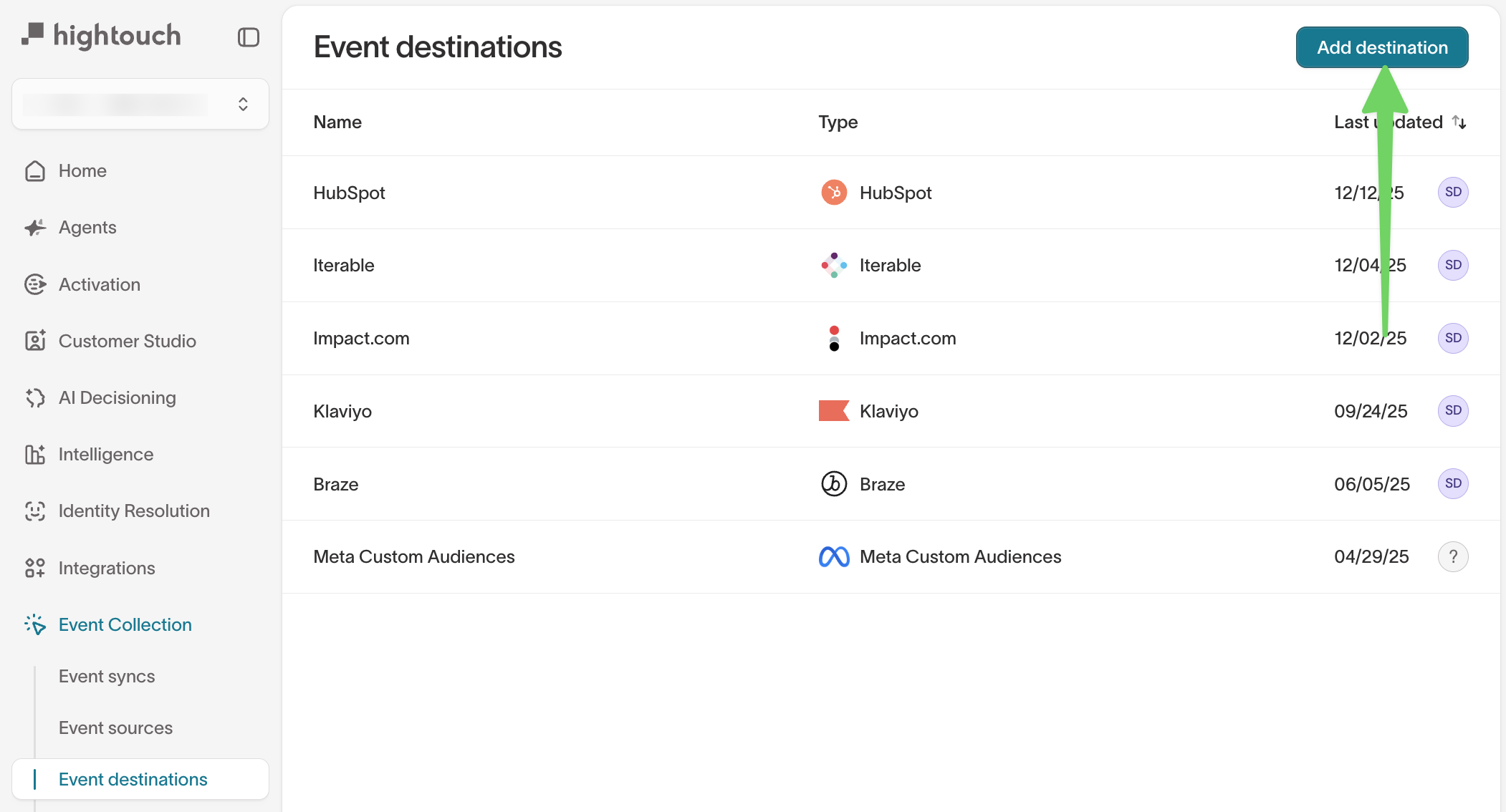 Add event destination button