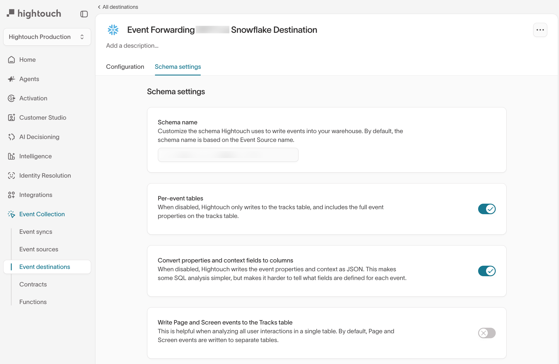 Event destination schema settings