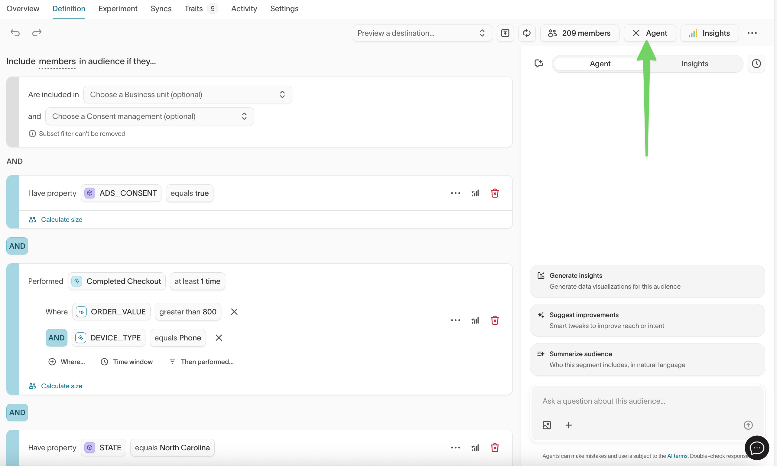 Audience builder with the agent drafting conditions from a natural-language request
