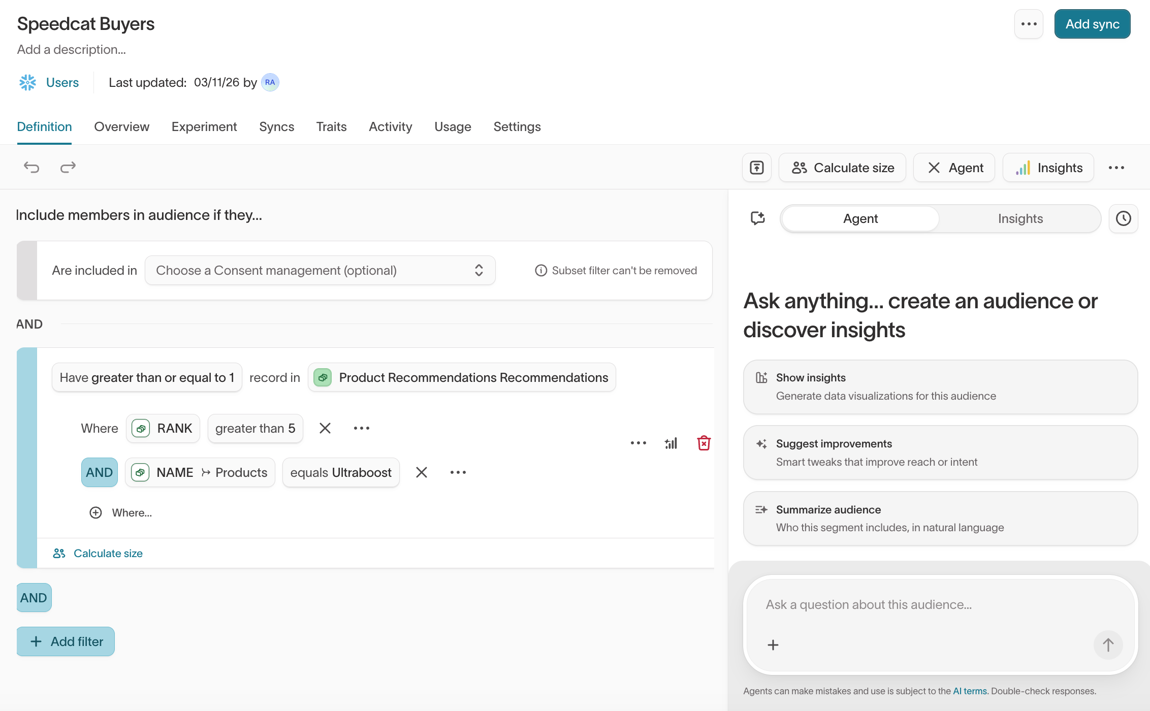 Audience builder with a catalog recommendation trait filter