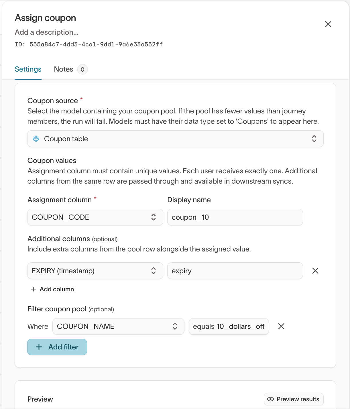 Assign coupon step configured with a coupon source, pool filter, and assignment column