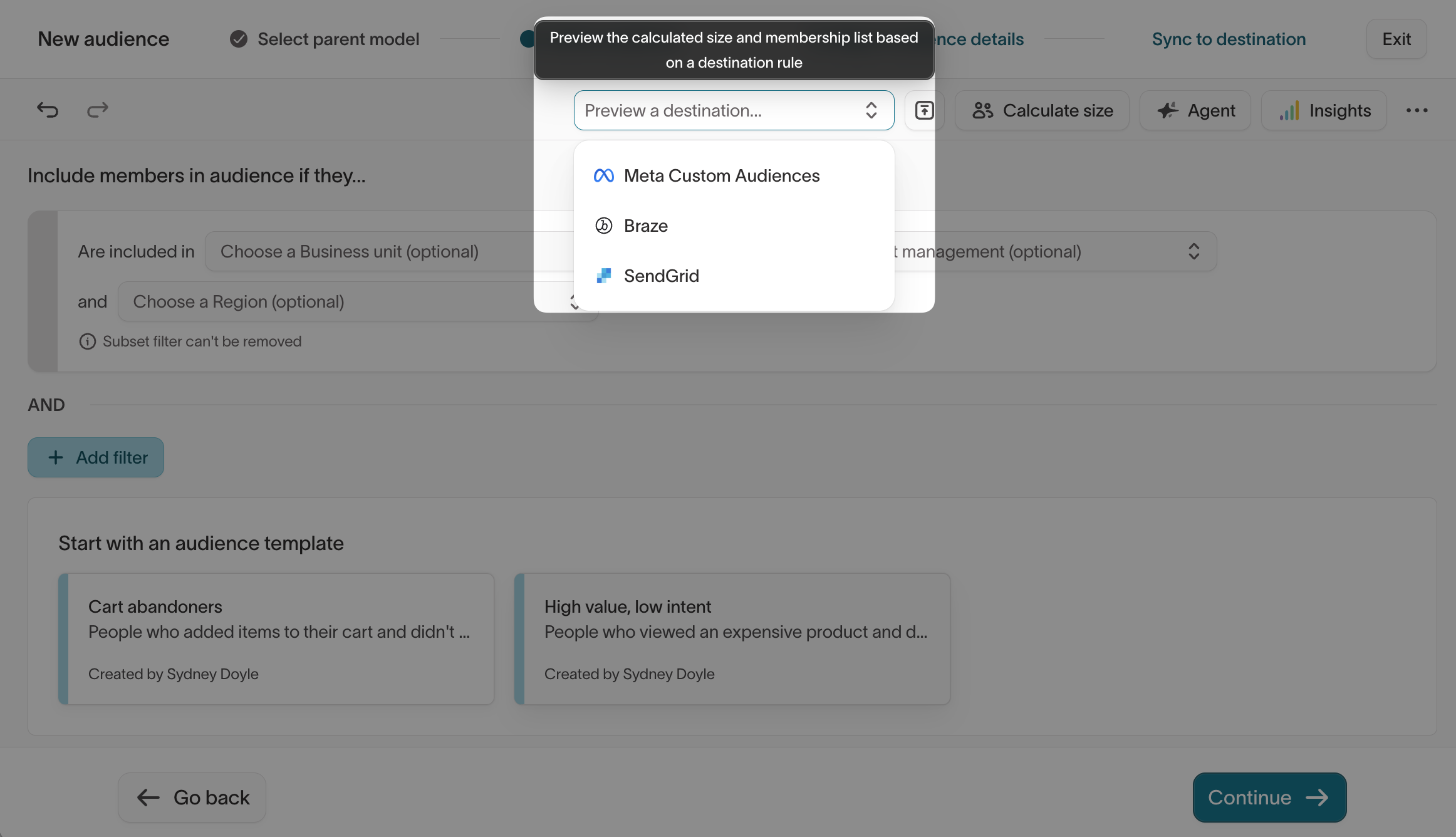Previewing a destination rule's impact on an audience