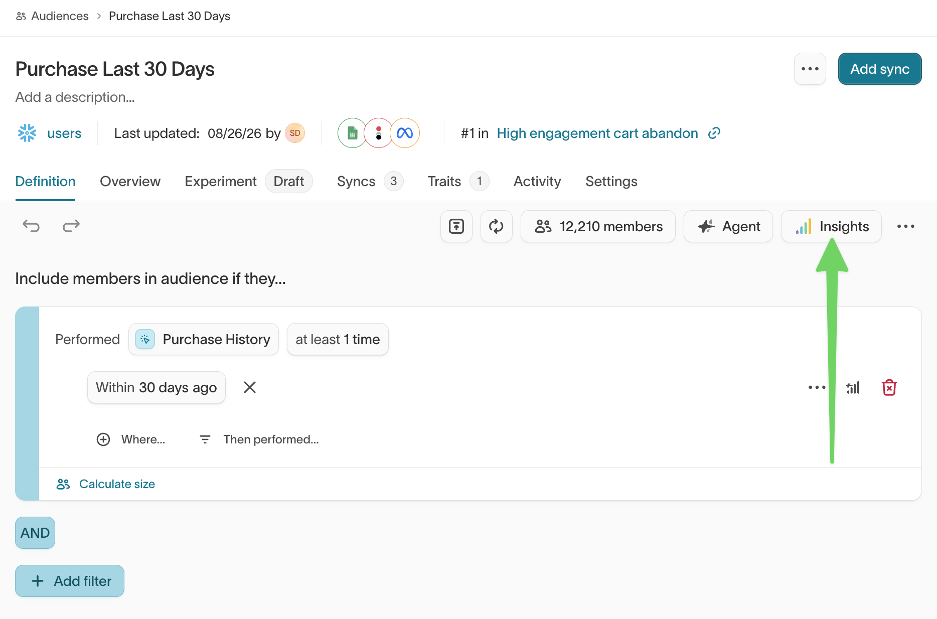 Insights toggle in the audience builder