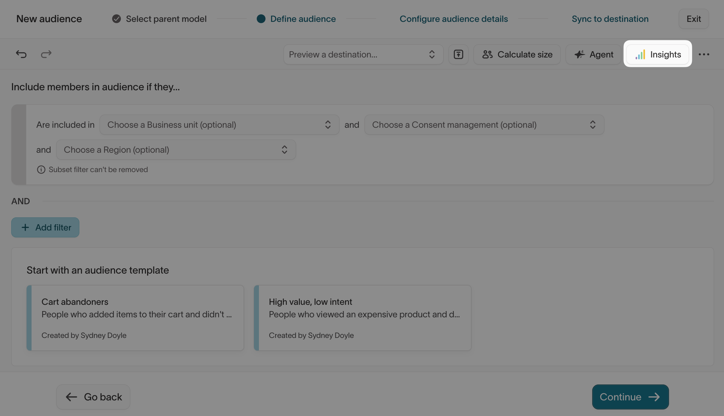 Insights button in the audience creation flow