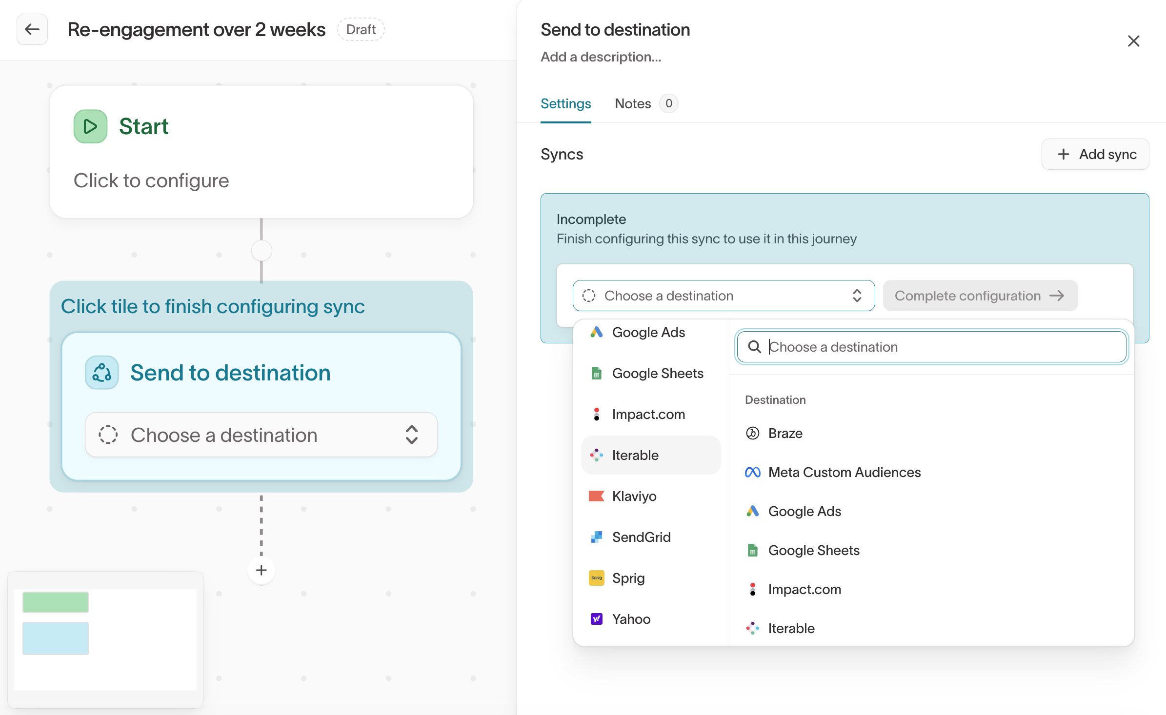 Choosing a destination on a Send to destination tile