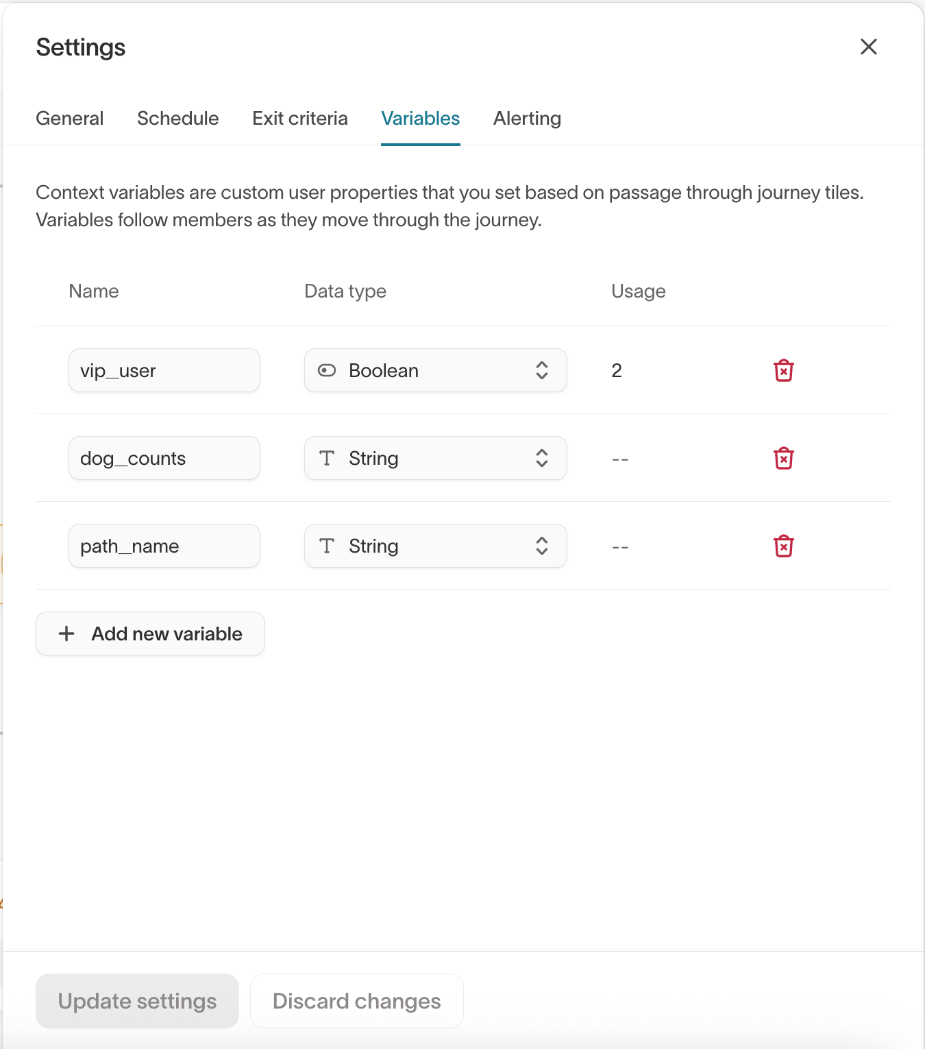 Journey Variables settings