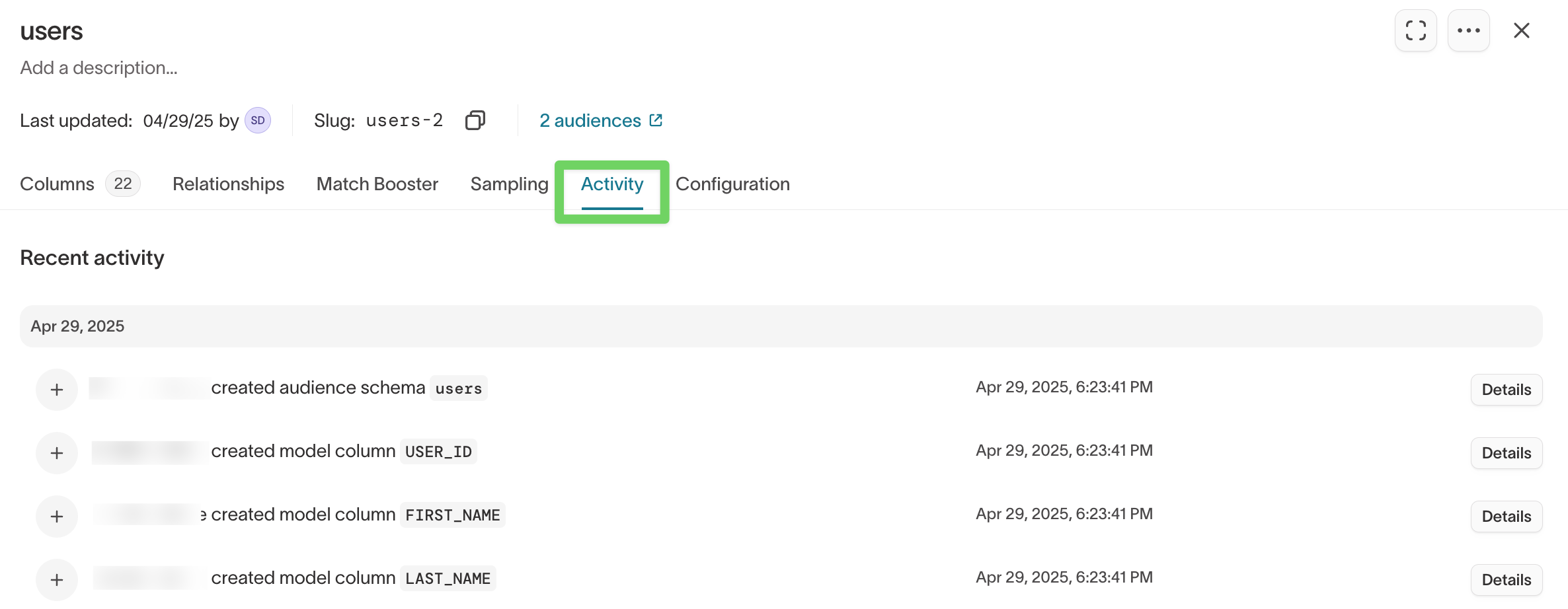 Activity tab