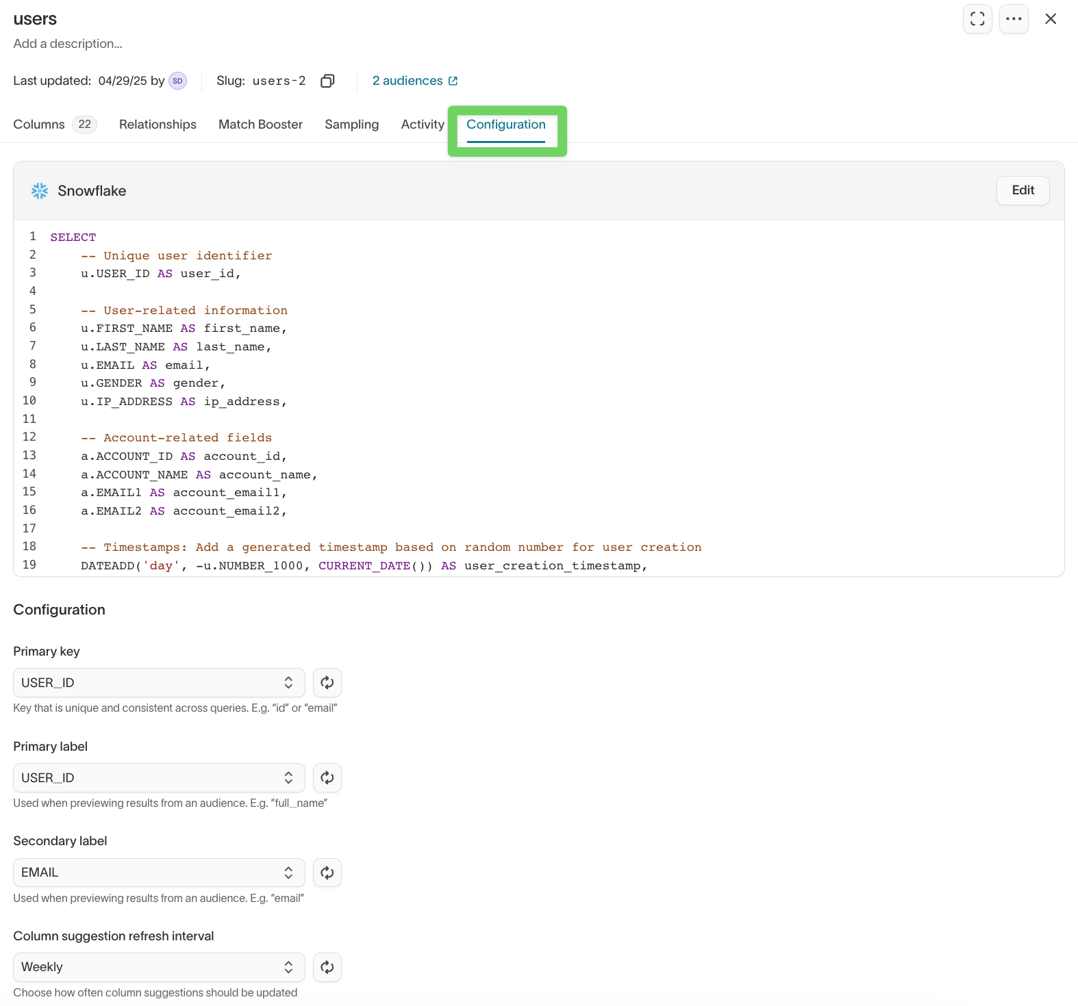 Configuration tab
