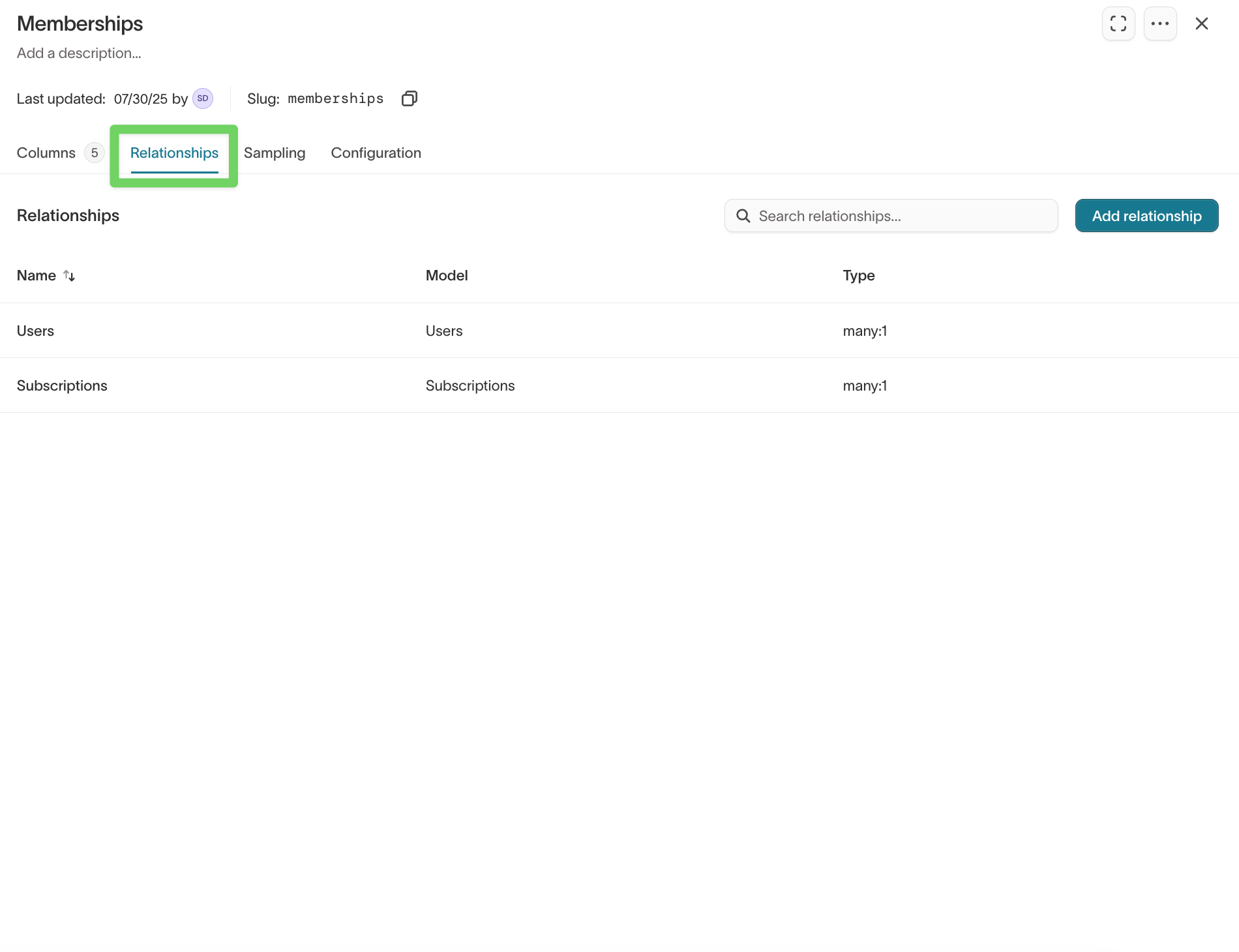 Relationships tab in model configuration