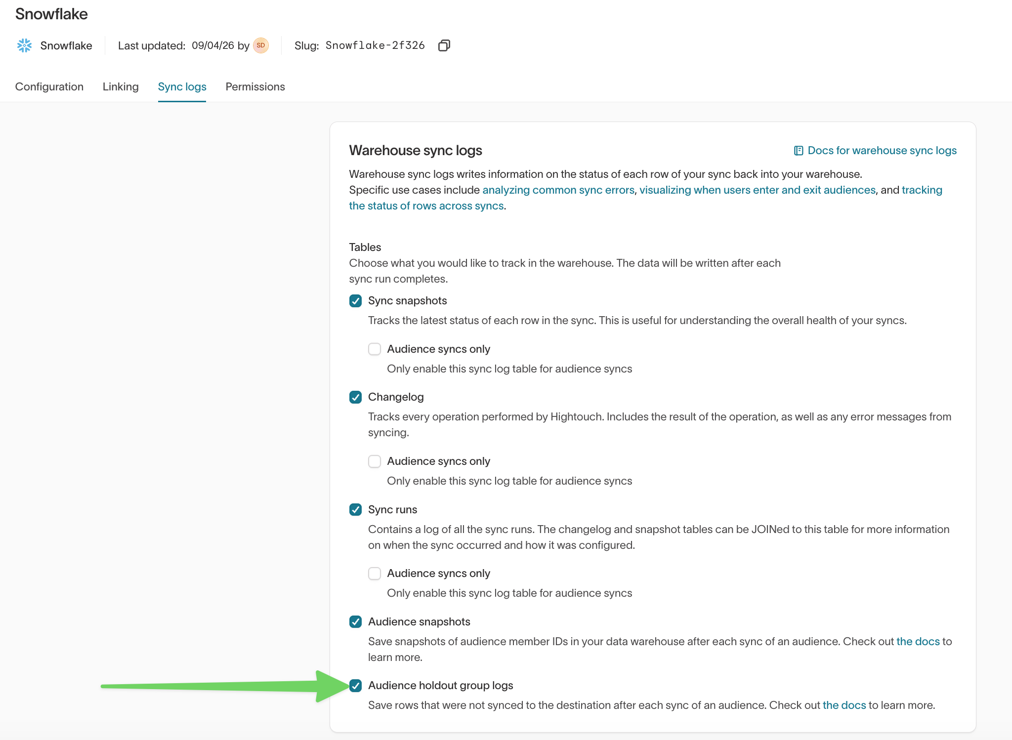 The Audience holdout group logs toggle on the Warehouse sync logs card