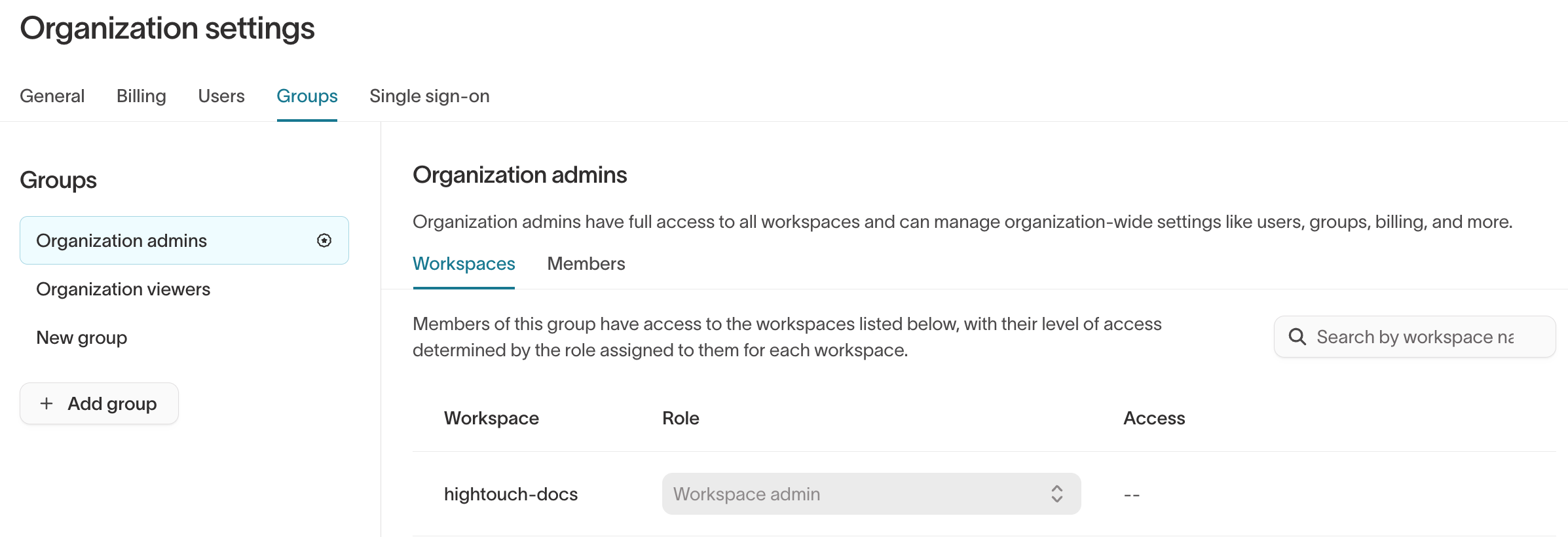 Organization settings page showing Workspaces navigation for assigning roles