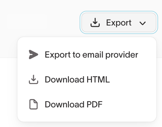 Export menu with email provider, HTML, and PDF options