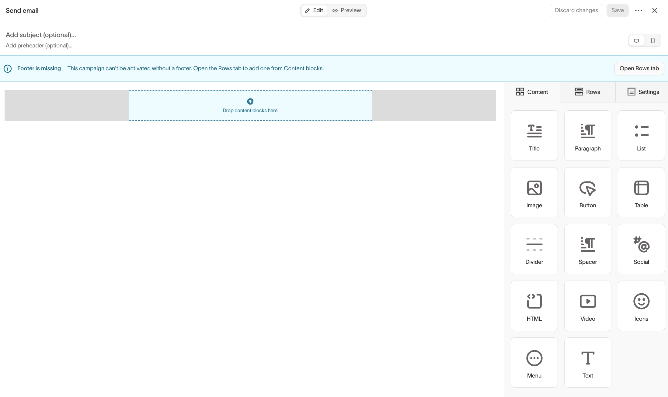 Building the email body in the drag-and-drop editor
