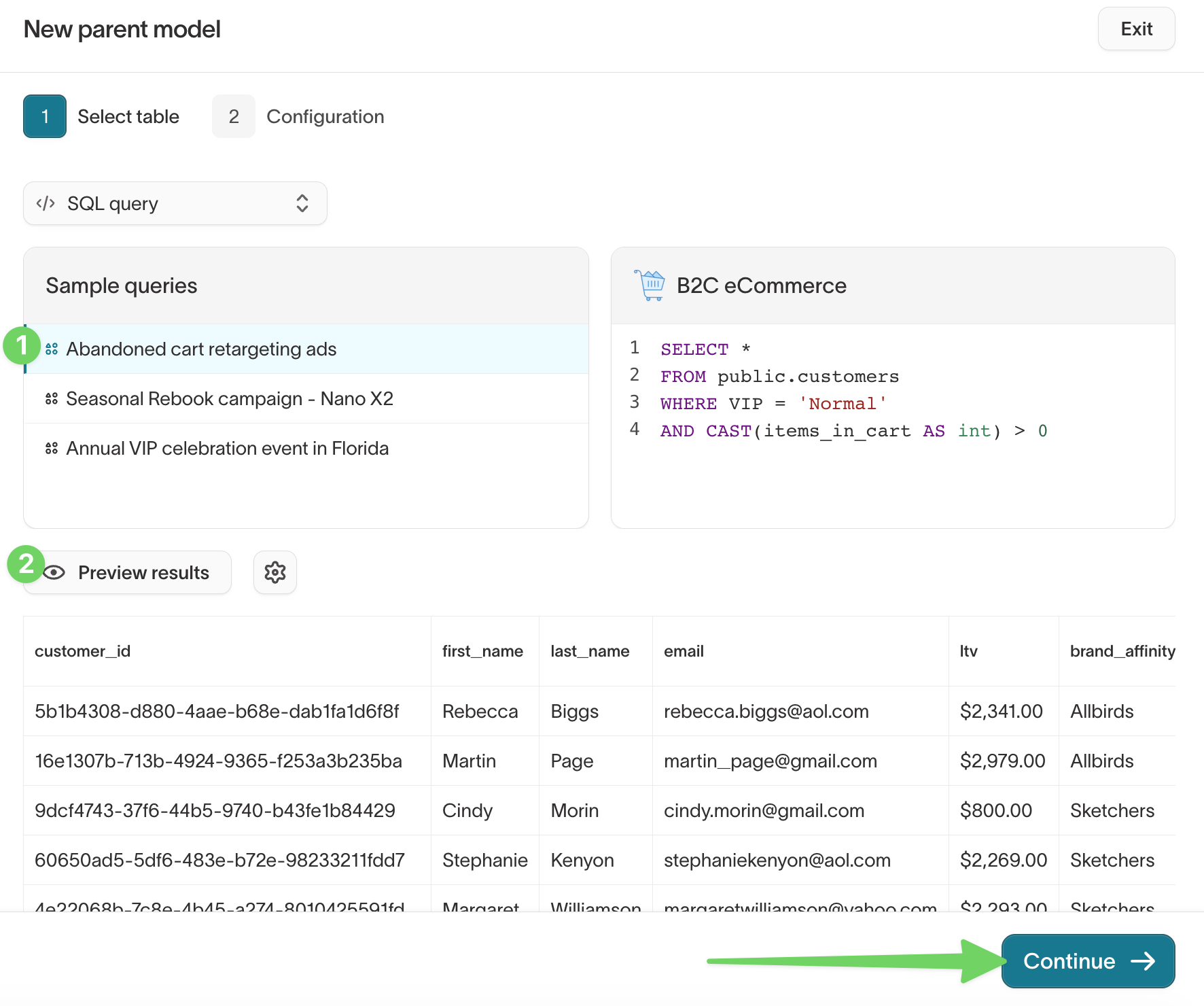 Previewing a B2C eCommerce sample query in the parent model flow