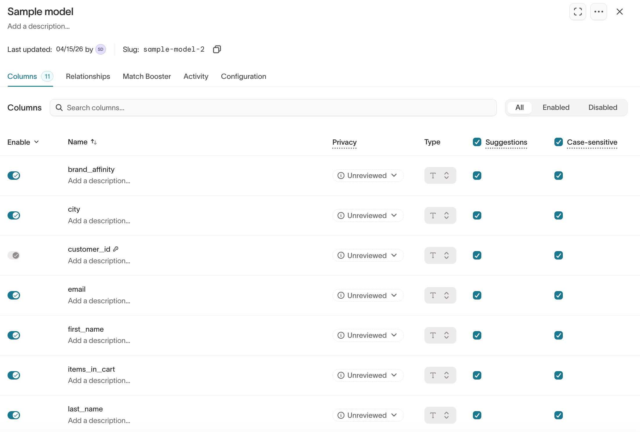 Columns view of a parent model built on the B2C eCommerce sample source