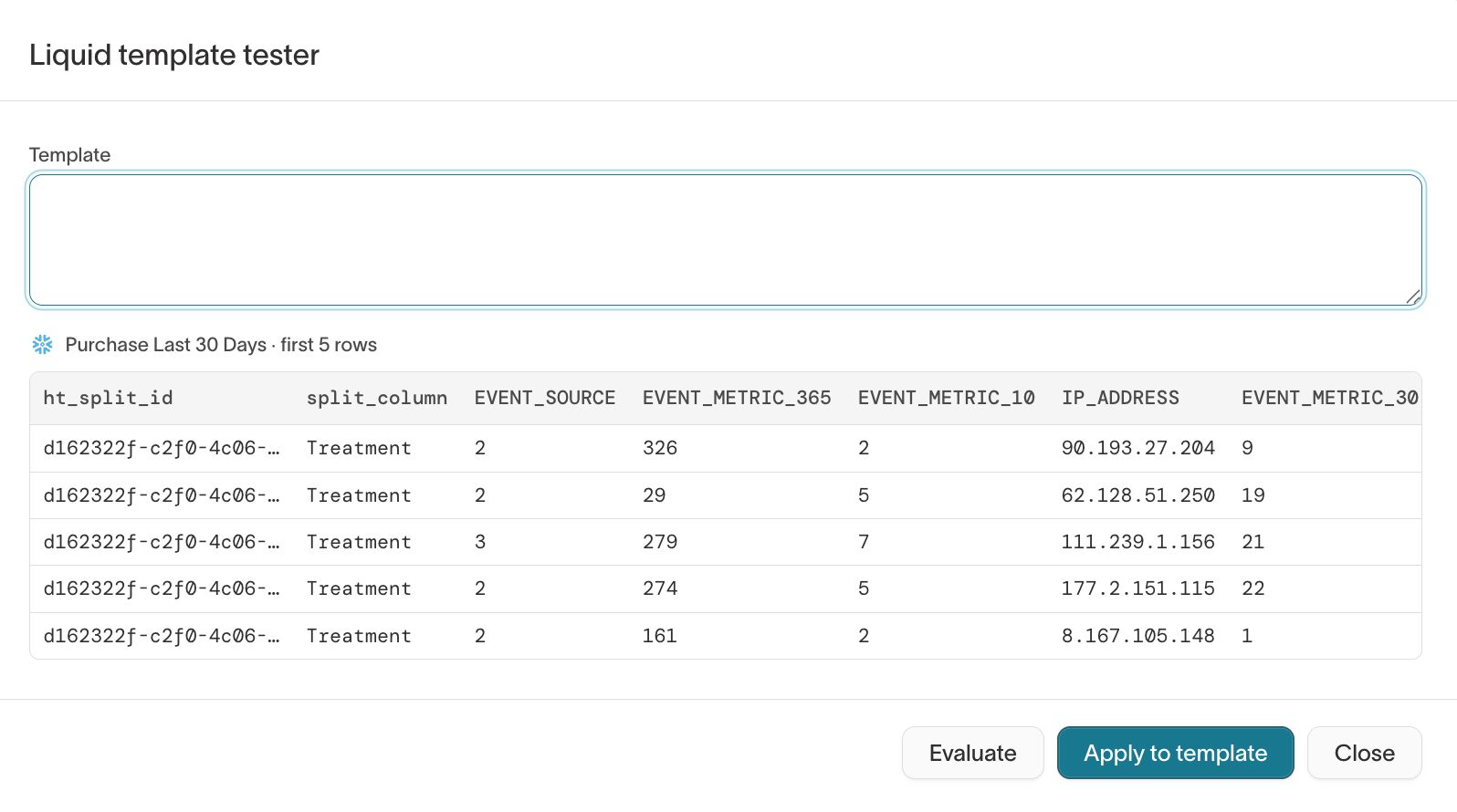 The Liquid template tester showing rendered output for sample rows