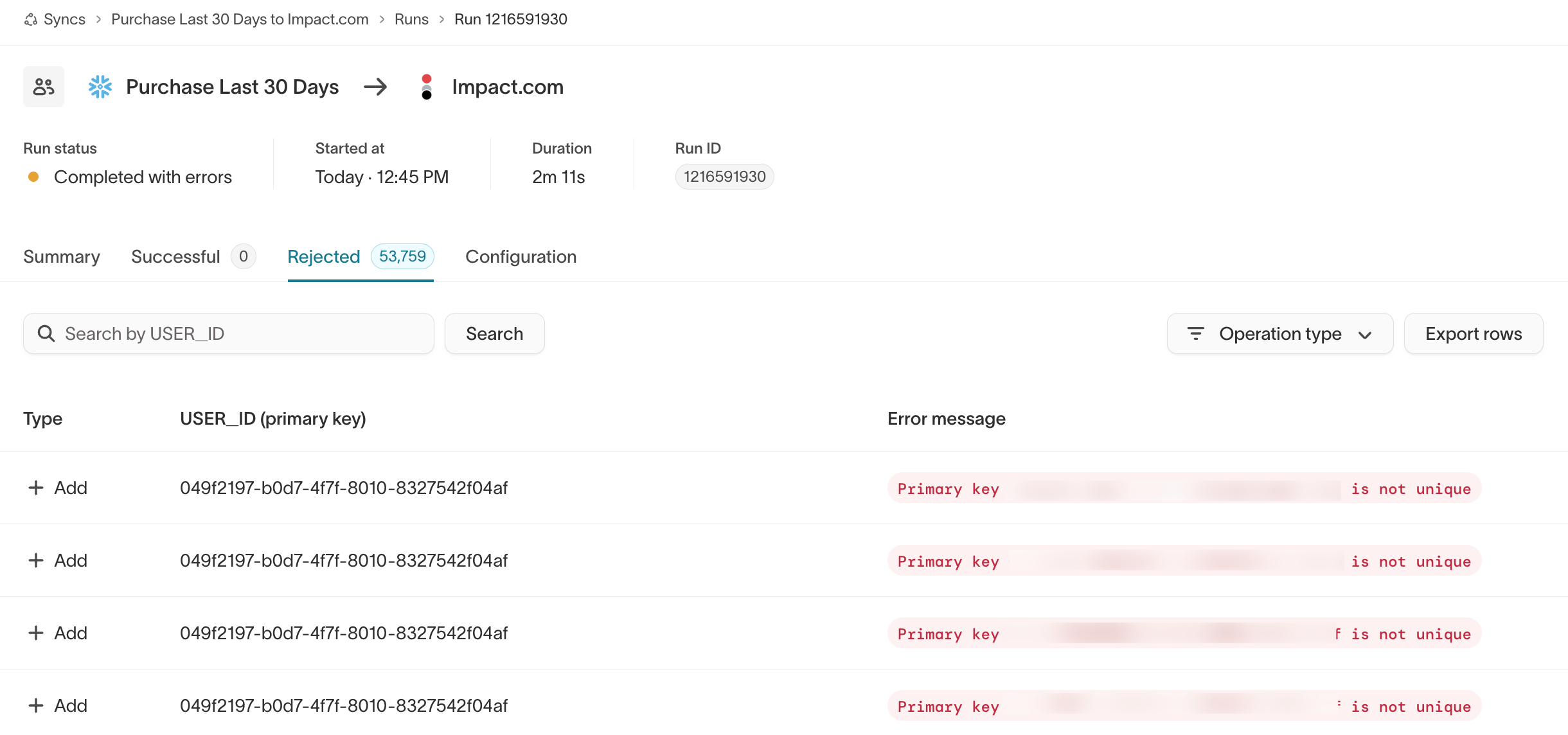 The Rejected tab listing rows with their primary keys and error messages