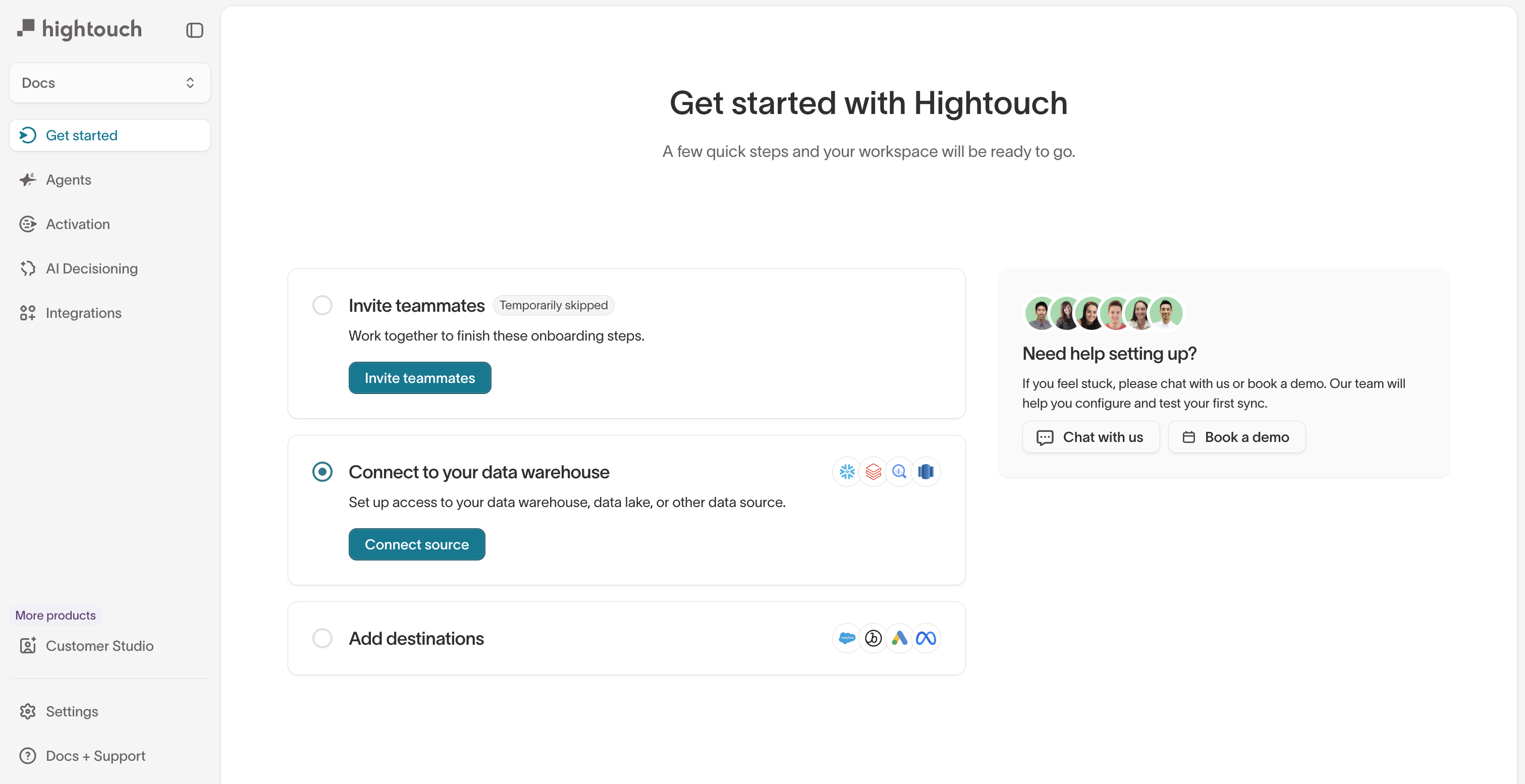 The Get started checklist shown after workspace creation