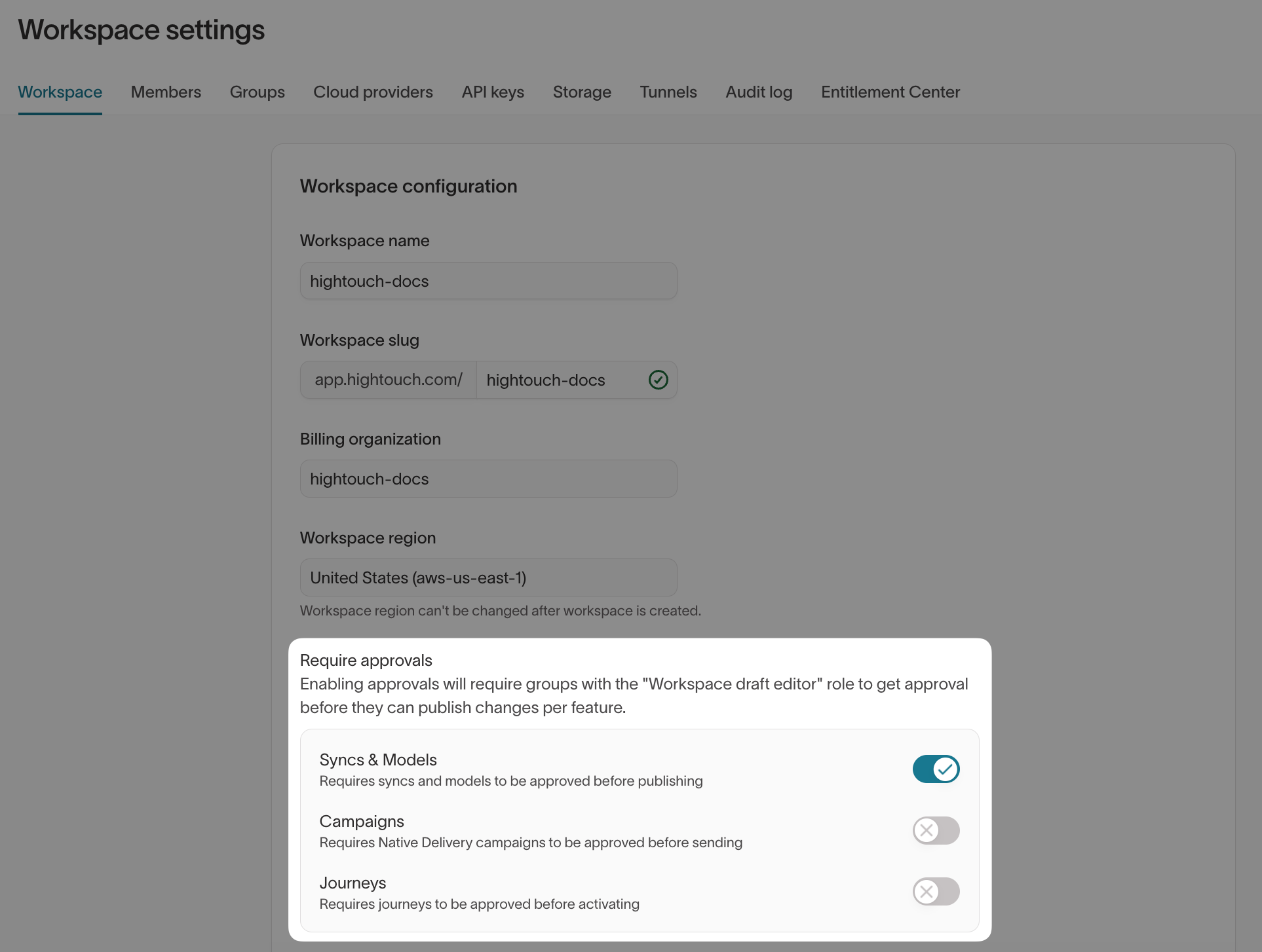 Require approvals in Workspace settings, with the Syncs & Models toggle turned on