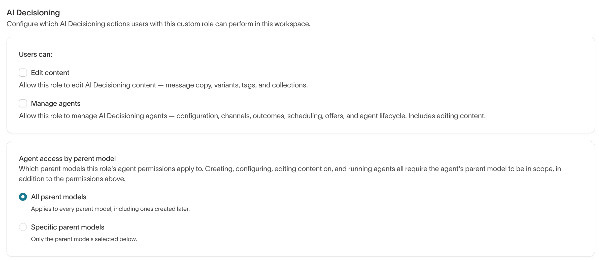 The AI Decisioning tab of the custom role builder, with the Edit content and Manage agents grants and agent access by parent model