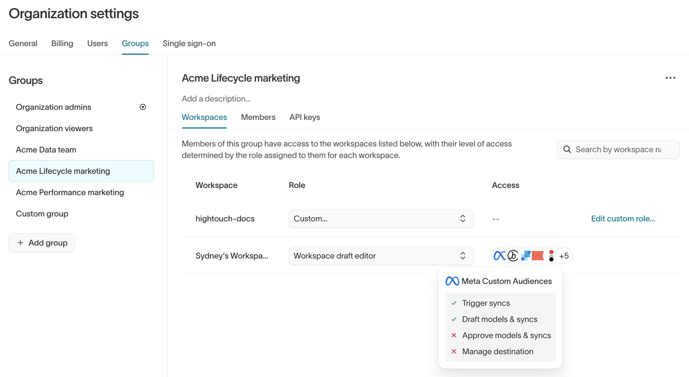 The Access column for a group with the Workspace draft editor role, showing its grants for a Meta Custom Audiences destination